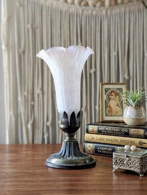 Vintage Art Nouveau Style Lily Accent Lamp - Frosted Mottled Glass & Brass Base